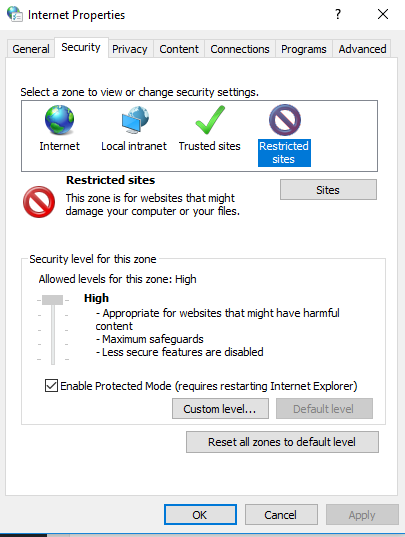 restricted sites on properties window