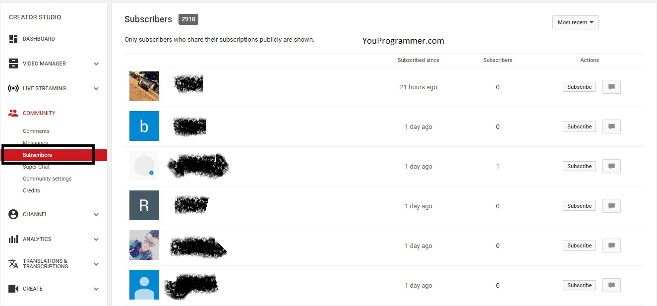 subscribers-list-on-youtube - YouProgrammer