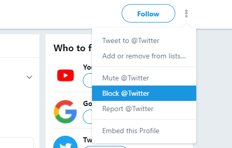 Block twitter account from profile page