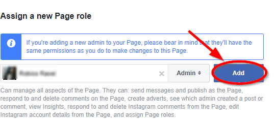 add admin tp facebook page button
