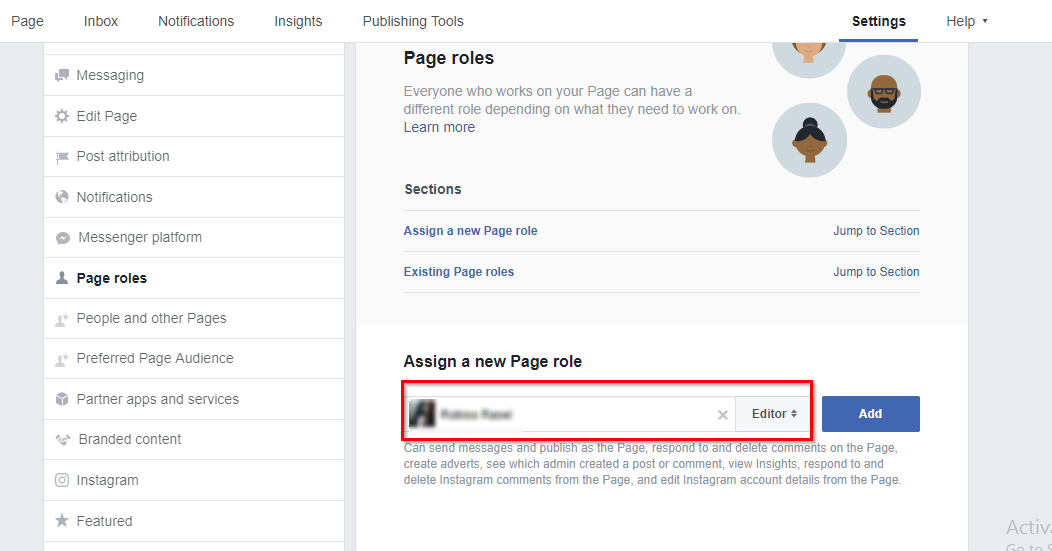 assign a new facebook page role