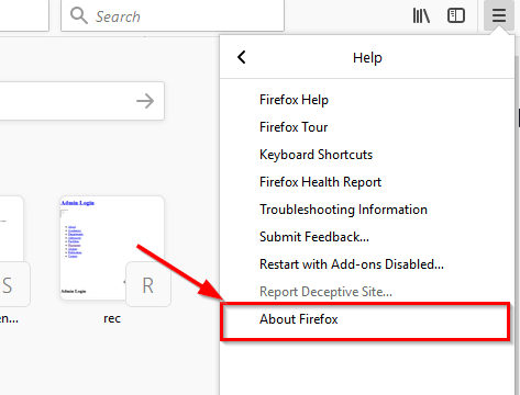 clicking the about firefox option