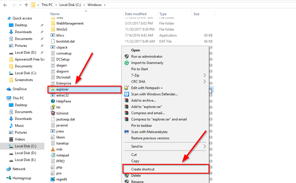 create file explorer shortcut windows 10
