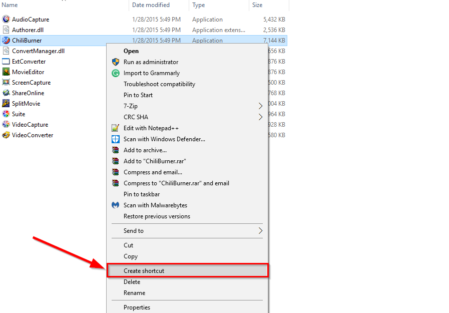 create shortcut windows 10