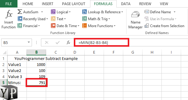 formula to subtract cells in excel