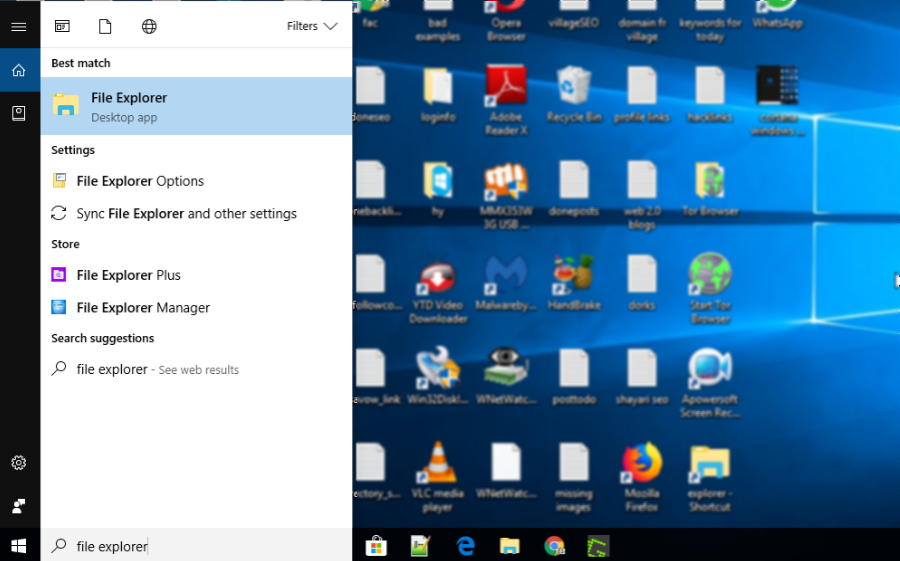 opening file explorer through windows 10 search box