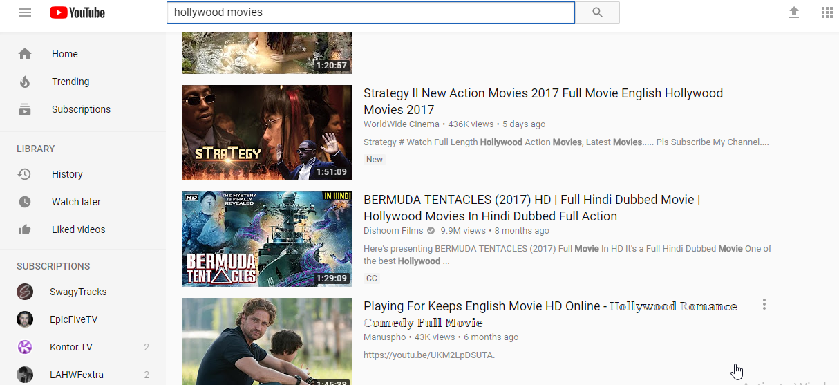 youtube hollywood movies search