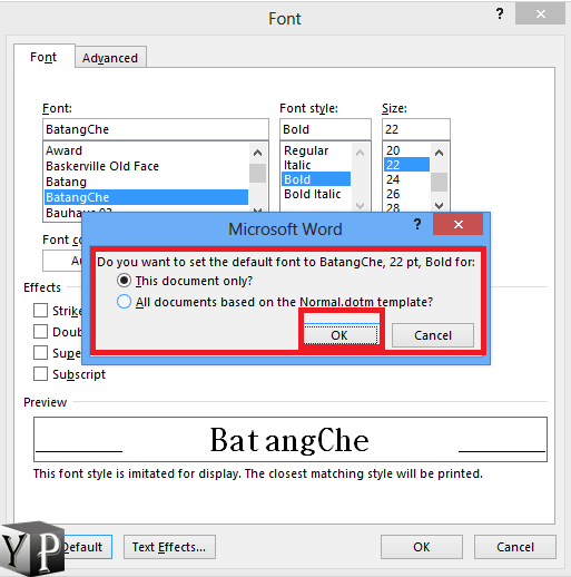 changing default font in word