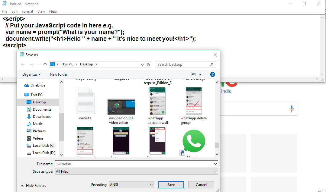 saving javascript file on notepad as html