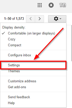 settings option under gmail account