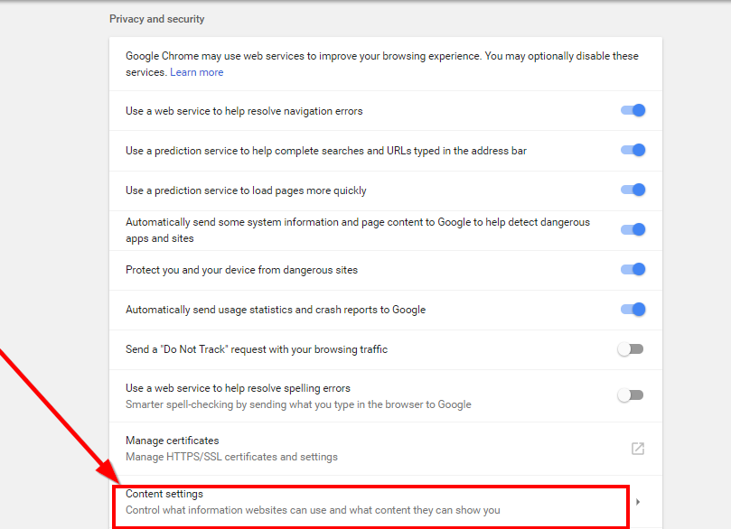 selecting content settings chrome browser
